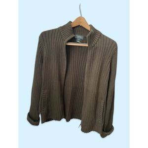 Lauren Ralph Lauren Sweater Womens Small Olive Green Full Zip 100% Cotton